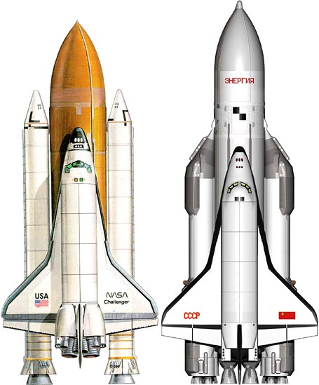 Сравнение МТКК "Спейс Шаттл" (слева) и ракетно-космического комплекса "Энергия-Буран"